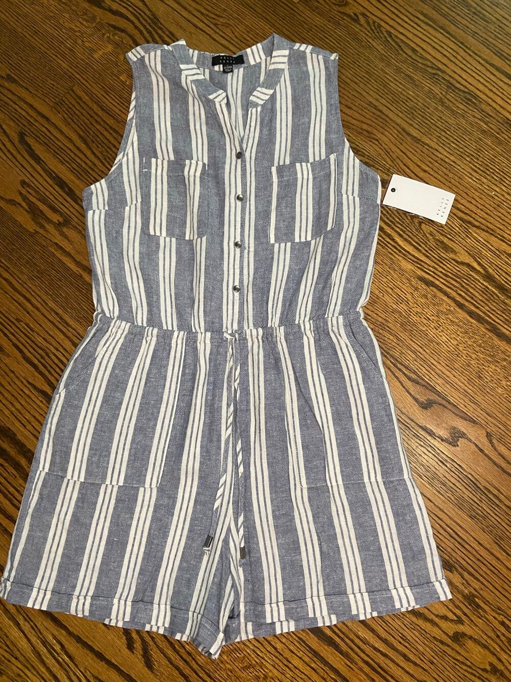 NWT Blue/White sleeveless romper with drawstring waist and cuffed shorts